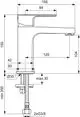 Waschtischarmatur von Ideal Standard in Chrom mit modernem Design. Zeichnung zeigt Maße und Details der Armatur sowie Montageoptionen.